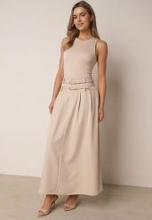 Jasnobeżowa Spódnica Elegancka o Rozkloszowanym Kroju z Dwoma Paskami i Kieszeniami Antepia. Brązowe spódnice damskie Born2be, l, bez wzorów, biznesowe, maxi, dopasowane. Za 99.99 zł.