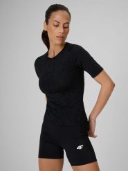 4F Koszulka treningowa slim szybkoschnąca damska - czarna XS. Czarne koszulki sportowe damskie 4f, xs, bez wzorów, z materiału, bez kołnierzyka, bez ramiączek, na fitness i siłownię. Za 119.99 zł.