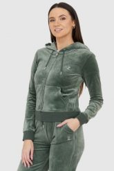 JUICY COUTURE Welurowa zielona bluza diamante hoodie. Zielone bluzy damskie Juicy Couture, s, bez wzorów, z weluru, bez kaptura. W wyprzedaży za 399.99 zł.