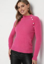Fuksjowy Sweter Półgolf z Guzikami Irisaia. Czerwone swetry damskie Born2be, m, bez wzorów, z jeansu, eleganckie, bez kołnierzyka, bez ramiączek, bez kaptura. Za 64.99 zł.