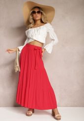 Czerwona Rozkloszowana Spódnica Maxi z Wiskozy z Materiałowymi Paskami Wintelis. Czerwone spódnice damskie Renee, na lato, l, bez wzorów, z materiału, eleganckie, maxi, dopasowane. Za 39.99 zł.