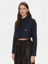 Tommy Jeans Koszula Badge DW0DW17345 Granatowy Relaxed Fit. Niebieskie bluzki damskie Tommy Jeans, xs, bez wzorów, z bawełny, bez kołnierzyka, bez ramiączek. Za 299.99 zł.