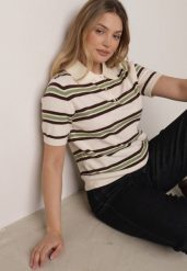 Zielono-Kremowy T-shirt Typu Polo z Wiskozą Ozdobiony Guzikami i Paskami Esefia. Zielone bluzki damskie Born2be, m, bez wzorów, z jeansu, bez kołnierzyka, bez ramiączek. Za 119.99 zł.