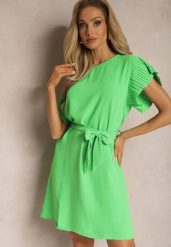 Jasnozielona Mini Sukienka Rozkloszowana ze Zdobionym Rękawem i Materiałowym Paskiem Ajemia. Zielone sukienki damskie Renee, l, z aplikacjami, z materiału, eleganckie, bez kołnierzyka, bez ramiączek, mini, rozkloszowane. Za 44.99 zł.