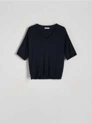 Sweter z wiskozą - granatowy. Niebieskie bluzki damskie Reserved, l, bez wzorów, z dzianiny, bez kołnierzyka, bez ramiączek, bez kaptura. W wyprzedaży za 39.99 zł.