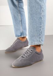 Szare Skórzane Sneakersy w Klasycznym Stylu Fonavina. Szare obuwie sportowe damskie Born2be, bez wzorów, z jeansu, trekkingowe. Za 109.99 zł.