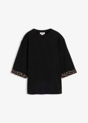 Bluza z mieszanki bawełny, z nadrukiem panterki. Czarne bluzy damskie bonprix, bez wzorów, z bawełny, bez kaptura. Za 84.99 zł.
