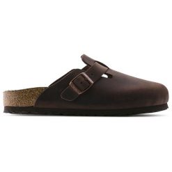 Klapki damskie BIRKENSTOCK BOSTON SFB LEOI HABANA. Brązowe klapki damskie Birkenstock, bez wzorów, biznesowe, bez obcasa. Za 599.99 zł.