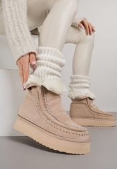 Beżowe Śniegowce z Przeszyciami Oliwedea. Brązowe śniegowce i trapery damskie Born2be, z jeansu. Za 159.99 zł.