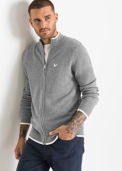 Sweter rozpinany ze stójką, z dzianiny o splocie drobnych oczek, z bawełny z recyklingu. Szare kardigany męskie bonprix, l, bez wzorów, z bawełny. Za 109.99 zł.