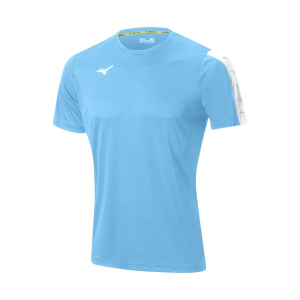 Koszulka Mizuno Nara Tee. Niebieskie buty sportowe męskie Mizuno, bez wzorów, bez kołnierzyka, bez ramiączek, na fitness i siłownię. Za 126.50 zł.
