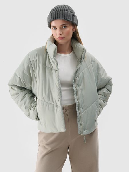 4F Kurtka puchowa z syntetycznym wypełnieniem damska - szara L. Szare kurtki damskie 4f, na zimę, l, bez wzorów, z dzianiny, bez kaptura. W wyprzedaży za 129.99 zł.