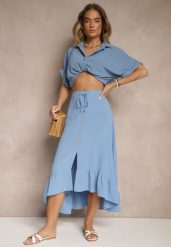 Niebieska Spódnica z Przedłużonym Tyłem Zdobiona Falbanami i Guzikami Maleira. Niebieskie spódnice damskie Renee, l, z aplikacjami, boho, midi, asymetryczne. Za 44.99 zł.