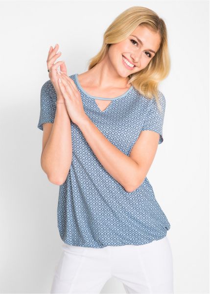 Shirt z gumką, krótki rękaw. Niebieskie bluzki damskie bonprix, bez wzorów, bez kołnierzyka, bez ramiączek. Za 62.99 zł.