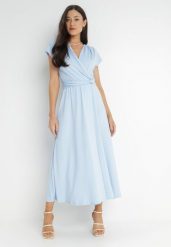 Jasnoniebieska Sukienka Kopertowa Chloriera. Niebieskie sukienki damskie Born2be, na imprezę, l, bez wzorów, z tkaniny, eleganckie, bez kołnierzyka, bez ramiączek, maxi, kopertowe. Za 109.99 zł.