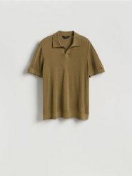 Sweter polo z domieszką lnu - oliwkowy. Zielone swetry przez głowę męskie Reserved, l, bez wzorów, z wiskozy, bez kołnierzyka. Za 129.99 zł.