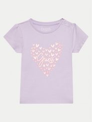 Guess T-Shirt A4GI01 K6YW4 Fioletowy Regular Fit. Fioletowe t-shirty i topy dla dziewczynek Guess, z aplikacjami, z bawełny, bez ramiączek. Za 89.99 zł.