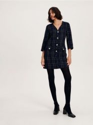 Tweedowa sukienka mini - wielobarwny. Sukienki damskie Reserved, l, bez wzorów, z bawełny, bez kołnierzyka, bez ramiączek, mini, dopasowane. W wyprzedaży za 69.99 zł.