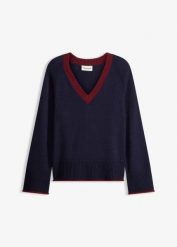 Sweter z kontrastującymi paskami. Niebieskie swetry damskie bonprix, bez wzorów, bez kołnierzyka, bez ramiączek, bez kaptura. Za 102.99 zł.