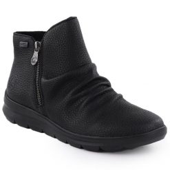 Skórzane wodoodporne botki damskie czarne Rieker Z0056-00. Czarne botki damskie Rieker, ze skóry, bez obcasa, bez zapięcia. Za 379.00 zł.