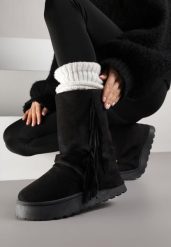Czarne Botki Śniegowce z Wywiniętą Cholewką Zdobioną Frędzlami Sewela. Czarne śniegowce i trapery damskie Renee, z jeansu. Za 129.99 zł.