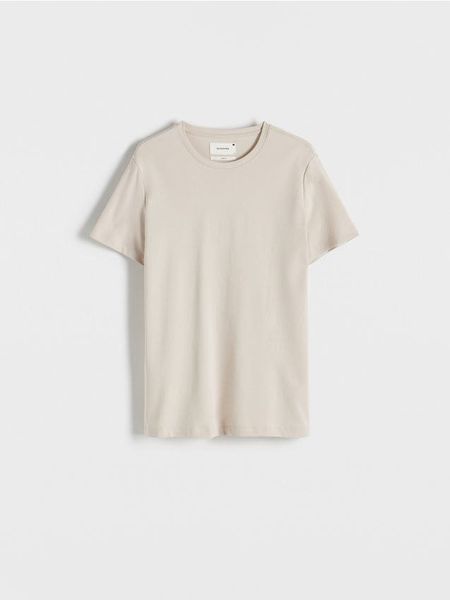 T-shirt slim fit - beżowy. Brązowe t-shirty męskie Reserved, l, bez wzorów, z bawełny, bez kołnierzyka. Za 69.99 zł.