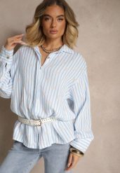 Niebieska Koszula z Bawełny w Prążki Zdobiona Kwiatowym Wzorem Apiola. Niebieskie bluzki damskie Renee, z aplikacjami, z bawełny, biznesowe, bez kołnierzyka, bez ramiączek. Za 89.99 zł.