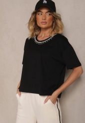 Czarny T-shirt z Bawełny z Cyrkoniami Fadeola. Czarne bluzki damskie Renee, l, bez wzorów, z bawełny, eleganckie, bez kołnierzyka. Za 39.99 zł.