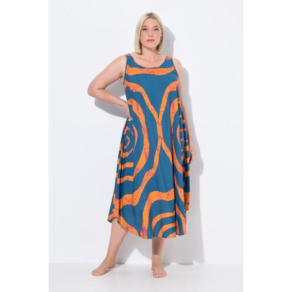 Damskie Sukienka midi koła krój trapezowy okrągły dekolt bez rękawów. Niebieskie sukienki damskie Ulla Popken, l, bez wzorów, z materiału, sportowe, bez kołnierzyka, plus size, bez ramiączek, midi, sportowe. W wyprzedaży za 237.99 zł.