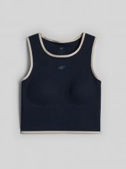 4F Crop top do jogi szybkoschnący damski - granatowy L. Niebieskie koszulki sportowe damskie 4f, l, bez wzorów, z materiału, bez kołnierzyka, bez ramiączek, na fitness i siłownię. Za 129.99 zł.