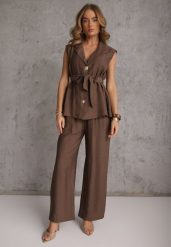 Brązowy Letni Komplet Kamizelka z Paskiem i Ozdobnymi Guzikami i Szerokie Spodnie Sharieth. Brązowe spodnie materiałowe damskie Renee, l, bez wzorów. Za 139.99 zł.