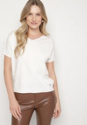 Biała Sweterkowa Bluzka z Dekoltem w Serek Fenidea. Białe bluzki damskie Born2be, l, bez wzorów, z jeansu, eleganckie, bez kołnierzyka, bez ramiączek. Za 49.99 zł.