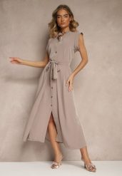 Brązowa Sukienka z Paskiem Koszulowa o Rozkloszowanym Fasonie Mavoselle. Brązowe sukienki damskie Renee, na co dzień, m, bez wzorów, z jeansu, eleganckie, bez kołnierzyka, bez ramiączek, maxi, koszulowe. Za 119.99 zł.