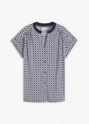 Bluzka koszulowa ze wzorem. Niebieskie bluzki damskie bonprix, bez wzorów, eleganckie, bez kołnierzyka, bez ramiączek. Za 59.99 zł.