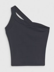 4F Crop-top slim z asymetrycznym ramiączkiem damski - czarny S. Czarne koszulki sportowe damskie 4f, s, bez wzorów, z dzianiny, z asymetrycznym kołnierzem, bez ramiączek. W wyprzedaży za 19.99 zł.