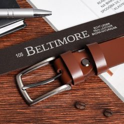 Beltimore skórzany pasek męski brązowy wąski E16 : Kolory - brązowy, beżowy, Rozmiar pasków - r.125-140 cm. Brązowe paski damskie bez wzorów. Za 49.49 zł.