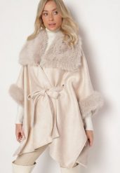 Beżowy Płaszcz z Wiązaniem w Pasie i Futerkiem Ozdobiony Wycięciami po Bookach Sartellia. Brązowe płaszcze damskie Born2be, l, bez wzorów, z jeansu, eleganckie, długie, bez kaptura. Za 209.99 zł.