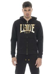 Męska zimowa bluza z kapturem zapinana na zamek z dużym złotym logo Leone 1947. Czarne bluzy męskie LEONE 1947 APPAREL, na zimę, m, bez wzorów, z bawełny, z kapturem. Za 353.64 zł.