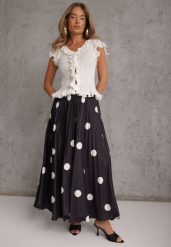 Czarna Rozkloszowana Spódnica Plisowana High Waist w Groszki Telede. Czarne spódnice damskie Renee, bez wzorów, retro, z podwyższonym stanem, maxi, dopasowane. Za 119.99 zł.