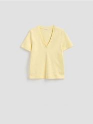 T-shirt z bawełny merceryzowanej - żółty. Żółte t-shirty damskie Reserved, l, bez wzorów, z bawełny, bez kołnierzyka. Za 79.99 zł.