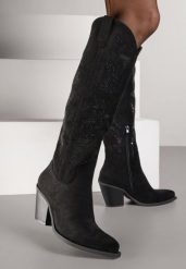 Czarne Kozaki Kowbojki na Stożkowym Obcasie z Aplikacją z Cyrkoniami Zevrine. Czarne kozaki damskie Renee, z satyny, bez obcasa, na obcasie. Za 179.99 zł.