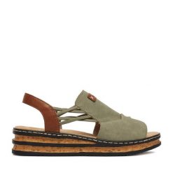 Sandały Rieker. Zielone sandały damskie Rieker, bez wzorów, bez obcasa, na koturnie, bez zapięcia. Za 299.99 zł.