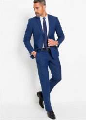Garnitur z krawatem (3 części), Slim Fit. Niebieskie garnitury męskie bonprix, bez wzorów, z elastanu. Za 579.99 zł.
