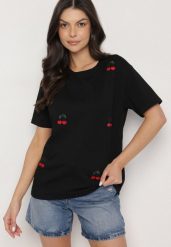Czarny Bawełniany T-shirt Zdobiony Haftem z Motywem w Wiśnie Nevianira. Czarne bluzki damskie Born2be, m, z aplikacjami, z bawełny, bez kołnierzyka. Za 39.99 zł.