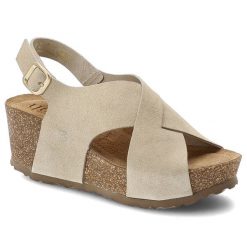 Sandały damskie Yokono, cholewka ze skóry naturalnej zapinane na rzep platforma z korkową podeszwą, beżowe, Bari-263. Brązowe klapki damskie Yokono, bez wzorów, ze skóry, bez obcasa, na koturnie. Za 309.00 zł.