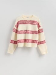 Sweter we wzory - wielobarwny. Swetry damskie Reserved, l, bez wzorów, z dzianiny, bez kołnierzyka, bez ramiączek, bez kaptura. Za 129.99 zł.