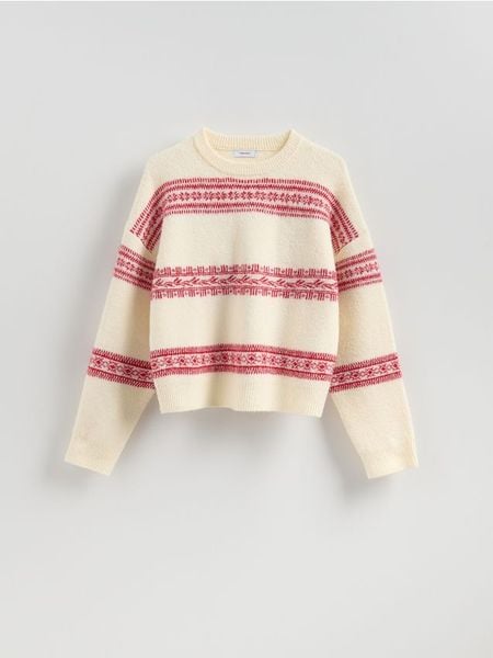 Sweter we wzory - wielobarwny. Swetry damskie Reserved, l, bez wzorów, z dzianiny, bez kołnierzyka, bez ramiączek, bez kaptura. Za 129.99 zł.