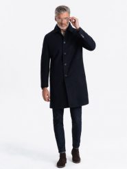 Długi męski jednorzędowy płaszcz z kołnierzykiem i podpinką – granatowy V3 OM-COWC-0106 - XXL. Niebieskie płaszcze męskie Ombre Clothing, l, bez wzorów, z materiału, eleganckie, długie, bez kaptura. Za 365.99 zł.