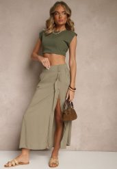 Zielona Rozkloszowana Spódnica z Wiskozy z Kieszeniami Galmira. Zielone spódnice damskie Renee, l, bez wzorów, z materiału, eleganckie, midi, rozkloszowane. Za 49.99 zł.