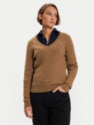 Gant Sweter 4800101 Brązowy Slim Fit. Brązowe swetry damskie GANT, xs, bez wzorów, z bawełny, bez kołnierzyka, bez ramiączek, bez kaptura. Za 299.99 zł.